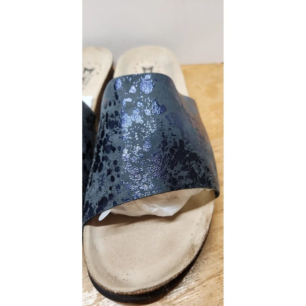 Mephisto Agave Metallic Blue Splatter Leather Slide Sandals Navy Mens 41
